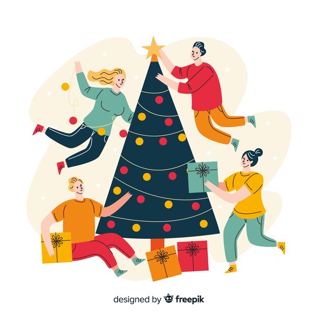 Plano árbol de navidad y gente decorando