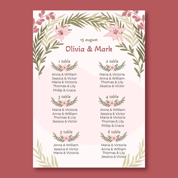 Plano de asientos de boda dibujado a mano