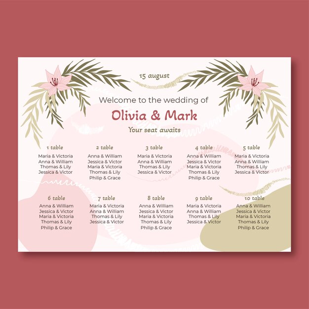Plano de asientos de boda dibujado a mano