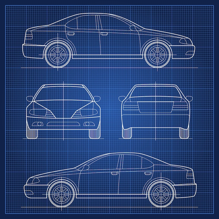 Vector gratuito plano de coche. plano de ingeniería de vehículos. estructura de la ilustración del modelo sedán.