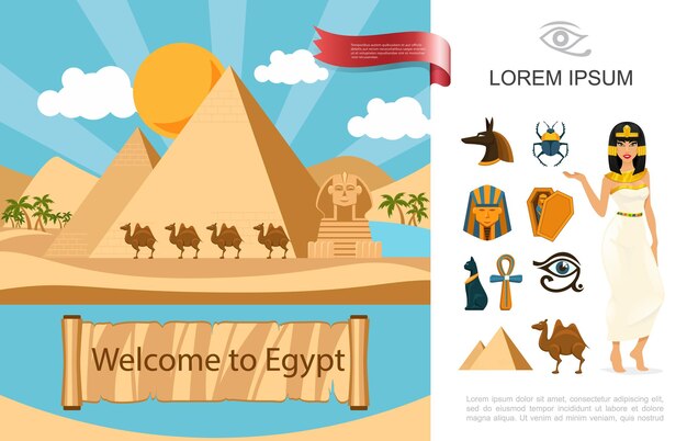 Plano concepto turístico de Egipto con pirámides, camellos, palmeras, esfinge en el desierto y diferentes símbolos tradicionales egipcios, ilustración