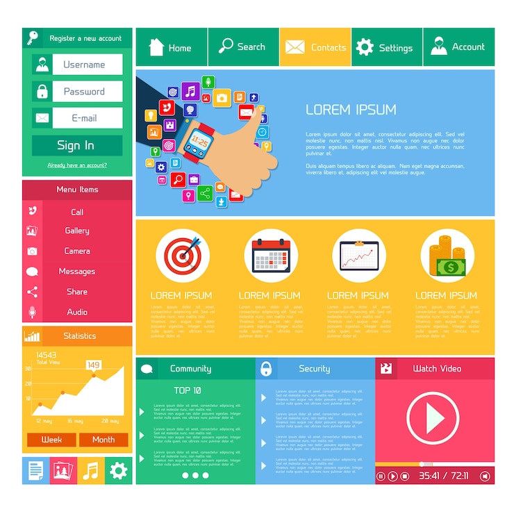 Vector gratuito plano de diseño de sitio web plantilla de internet y aplicaciones de diseño elementos ilustración vectorial