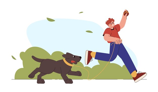 Plano joven camina con perro con correa en el parque de la ciudad