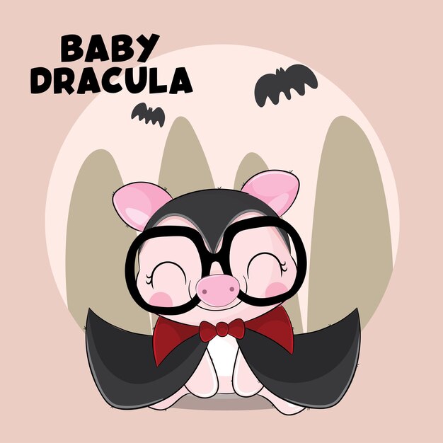 Plano lindo animal Drácula cerdo ilustración para niños. Lindo personaje de cerdo