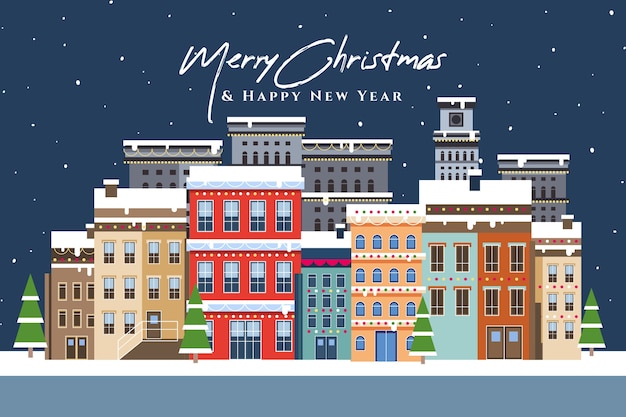 Vector gratuito plano pueblo de navidad con nieve