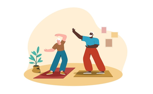 Vector gratuito plano senior hombre y mujer haciendo yoga en casa