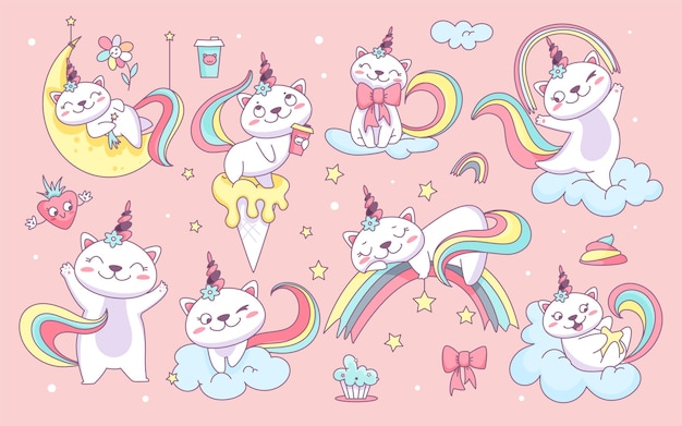 Vector gratuito planos lindos gatos unicornios blancos felices con colas coloridas