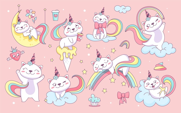 Planos lindos gatos unicornios blancos felices con colas coloridas