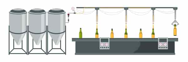 Vector gratuito planta de destilería cervecería proceso automatizado de elaboración de cerveza maquinaria de elaboración de cerveza equipo moderno de fábrica de alcohol tanques de ebullición botellas de cerveza en la industria del alcohol transportador