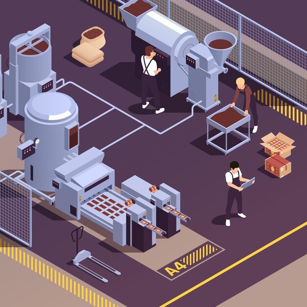 Planta de fabricación de chocolate elemento isométrico realista con operadores que controlan los granos de cacao que procesan dulces que forman máquinas ilustración