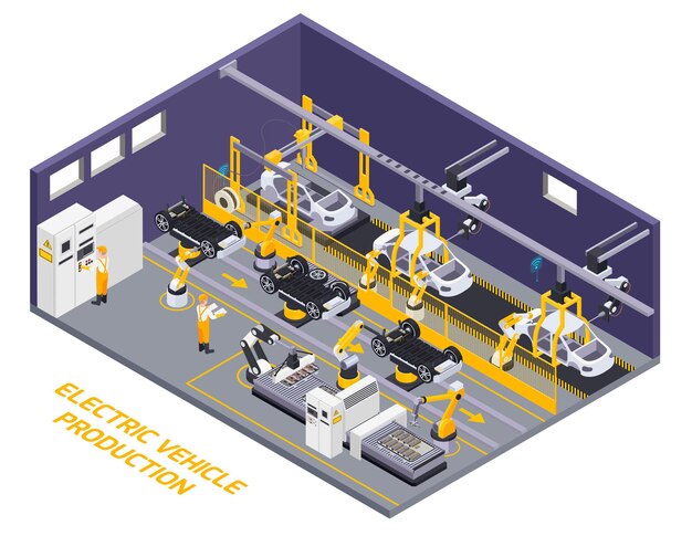 Planta de producción de vehículos eléctricos interior línea de montaje robótica vista isométrica de elemento de cinta transportadora con control remoto