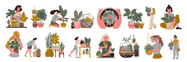 Plantas caseras con íconos aislados de flores en macetas para uso doméstico con ilustraciones vectoriales de personas