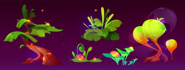 Plantas forestales mágicas en la ilustración vectorial de dibujos animados Arbusto de árbol de hadas de fantasía y flores con efecto brillante para el paisaje del país de las maravillas Naturaleza luminosa caprichosa con chispas para el mundo del juego o del cuento