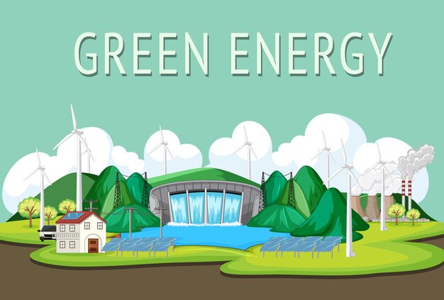 Las plantas hidroeléctricas generan electricidad con banner verde