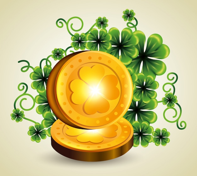 Vector gratuito plantas de tréboles con monedas de oro para el día de san patricio