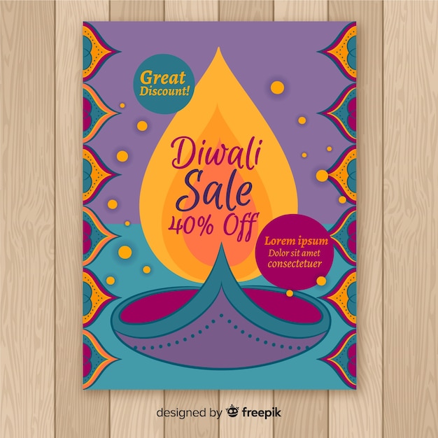 Vector gratuito plantiila adorable de folleto de rebajas de diwali dibujado a mano