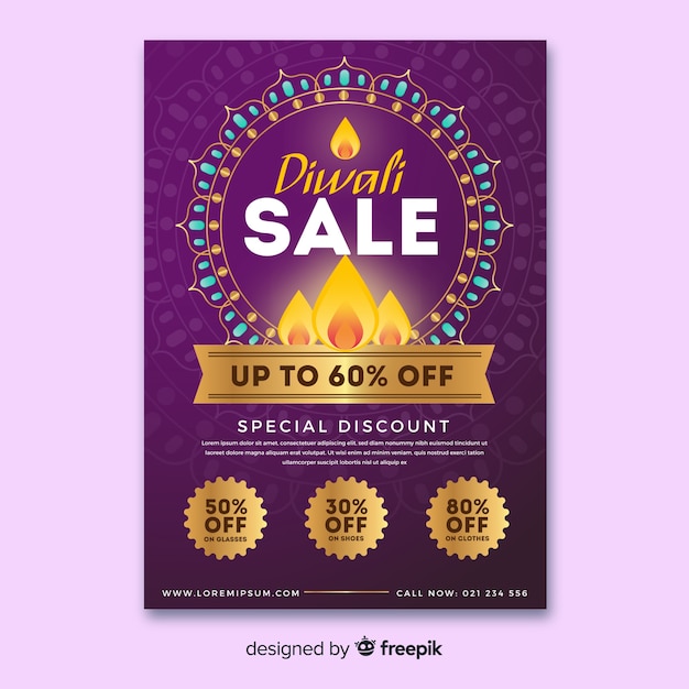 Vector gratuito plantiila colorida de folleto de rebajas de diwali con diseño plano