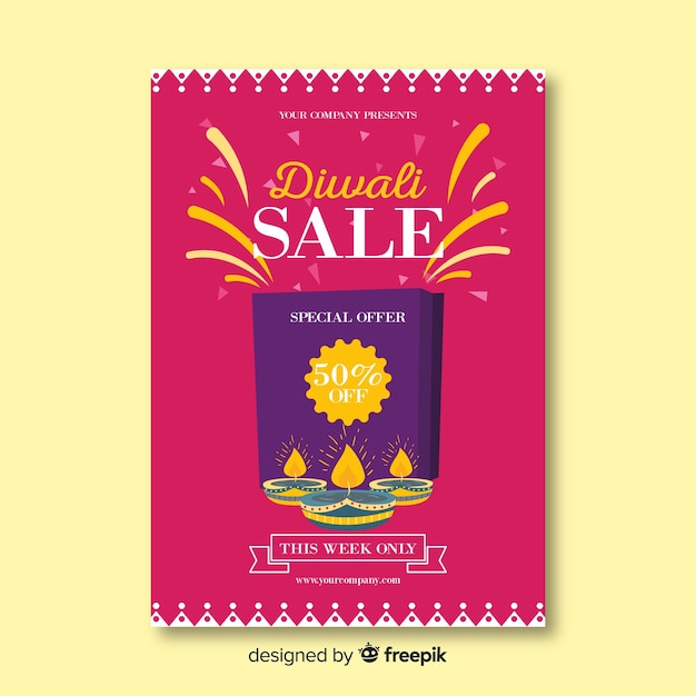 Vector gratuito plantiila colorida de folleto de rebajas de diwali con diseño plano