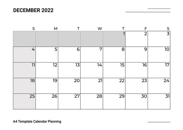 Plantilla A4 Calendario Planificación Diciembre