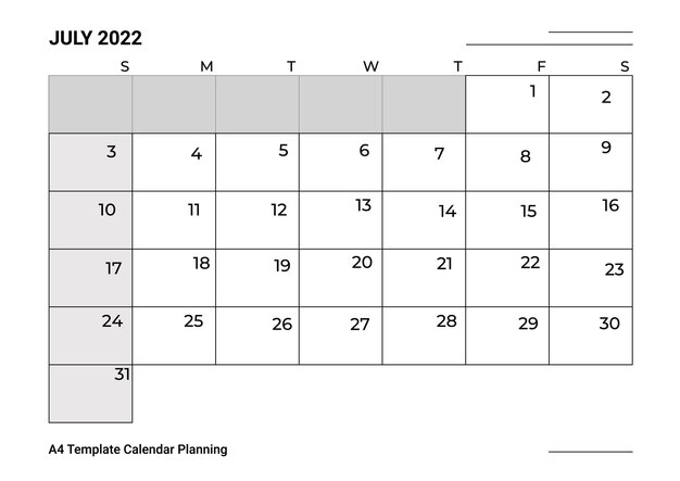 Plantilla A4 Calendario Planificación Julio