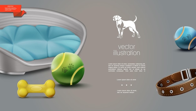 Vector gratuito plantilla de accesorios para perros realista con cama de mascota con correa de hueso de bolas con almohada en gris