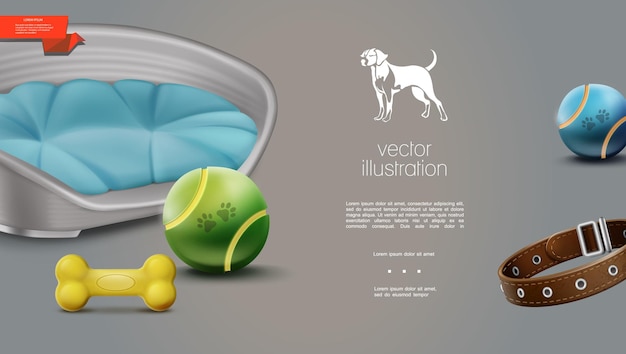 Plantilla de accesorios para perros realista con cama de mascota con correa de hueso de bolas con almohada en gris