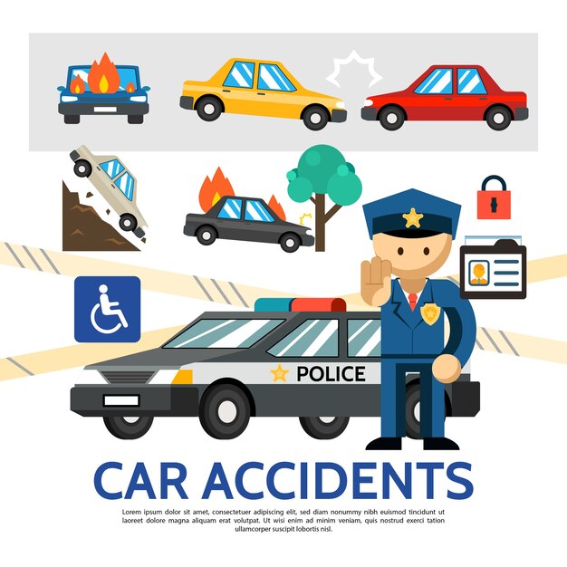 Plantilla de accidente de tráfico plano con coches en llamas y cayendo transporte policial de accidentes automovilísticos