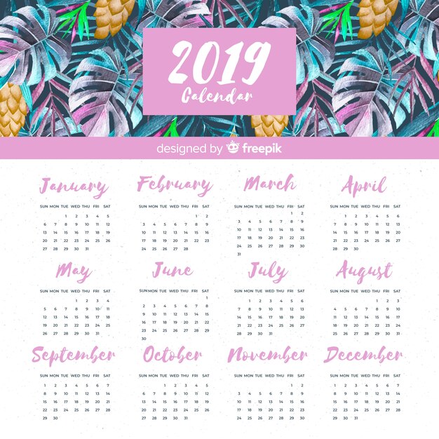 Plantilla adorable de calendario de 2019 en acuarela