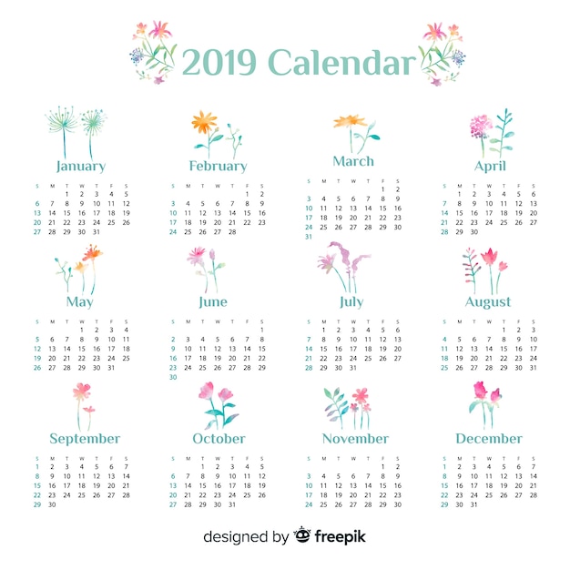 Plantilla adorable de calendario de 2019 en acuarela