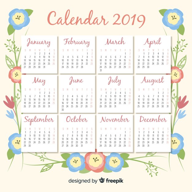 Plantilla adorable de calendario de 2019 con estilo floral