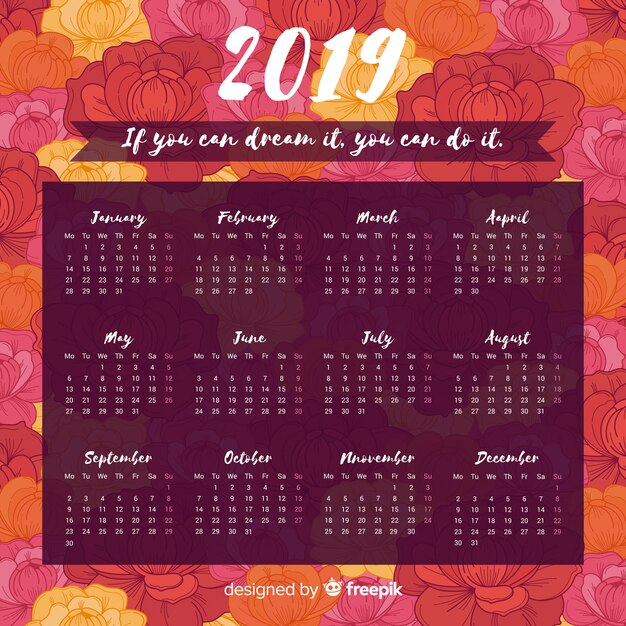 Vector gratuito plantilla adorable de calendario de 2019 con estilo floral