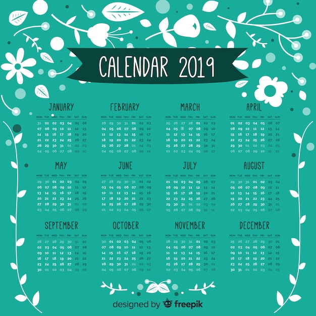 Plantilla adorable de calendario de 2019 con estilo floral