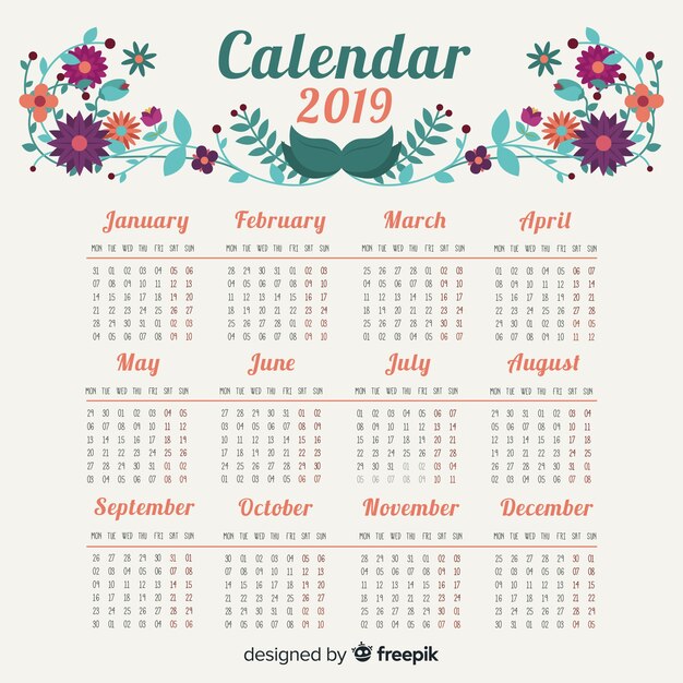 Plantilla adorable de calendario de 2019 con estilo floral