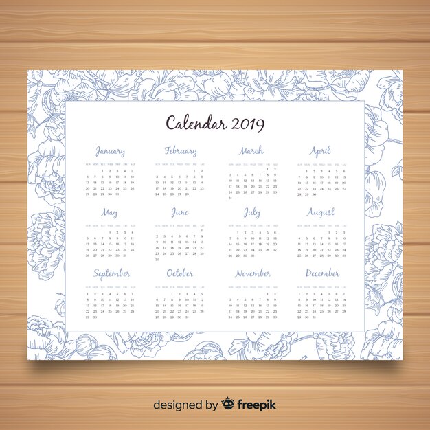 Plantilla adorable de calendario de 2019 con estilo floral