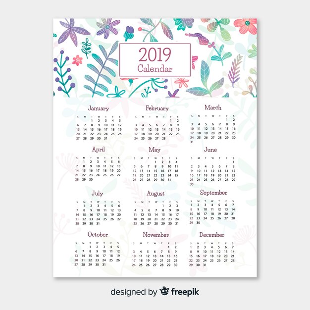Plantilla adorable de calendario de 2019 con estilo floral