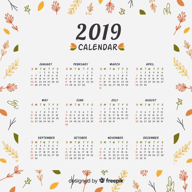 Plantilla adorable de calendario de 2019 con estilo floral