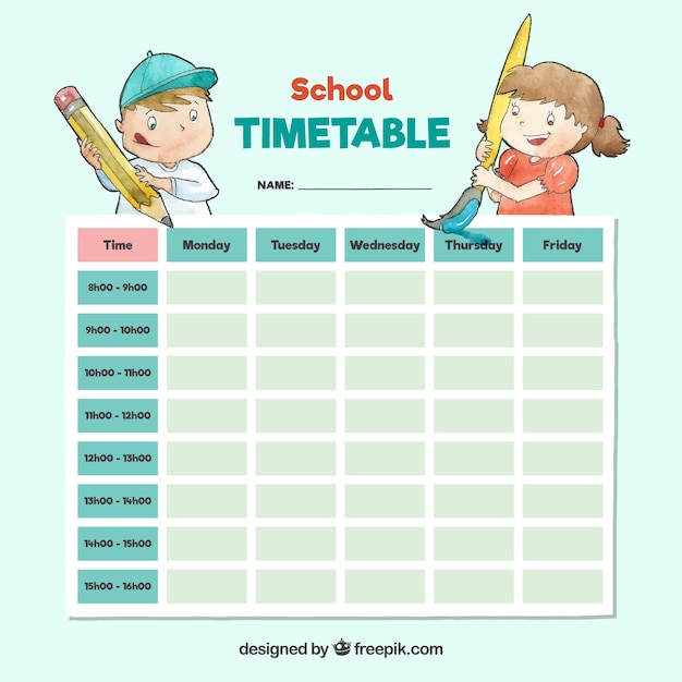 Vector gratuito plantilla adorable de horario escolar en acuarela