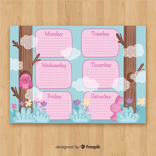 Plantilla adorable de horario semanal dibujada a mano