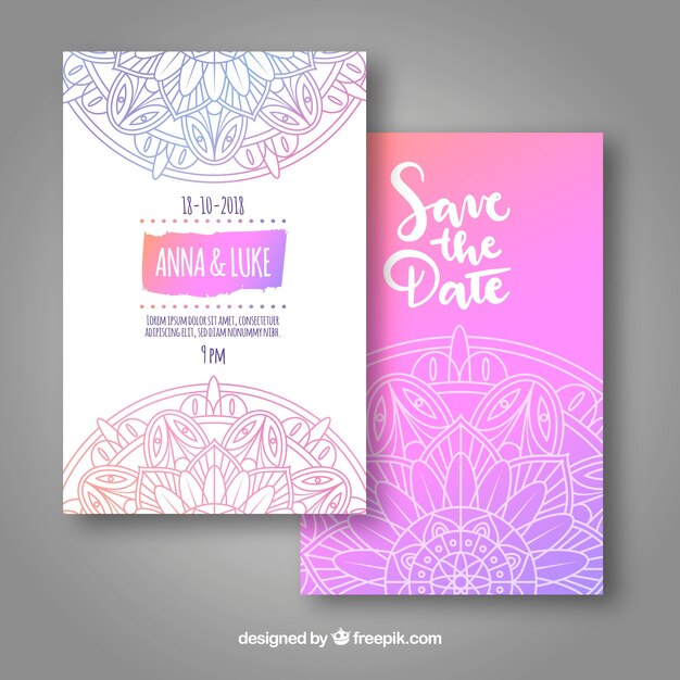Plantilla adorable de invitación de boda con mandala colorido