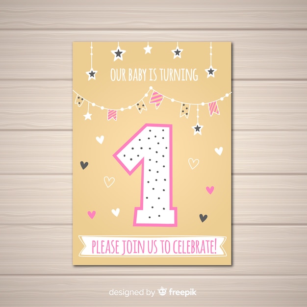 Vector gratuito plantilla adorable de invitación de primer cumpleaños