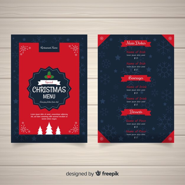 Plantilla adorable de menú de navidad con diseño plano