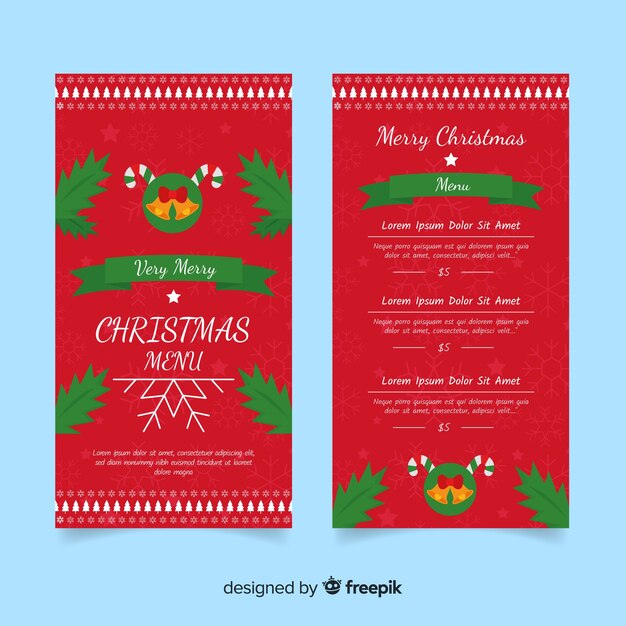 Plantilla adorable de menú de navidad con diseño plano