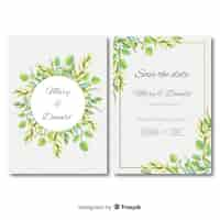 Vector gratuito plantilla adorable de tarjeta de boda con hojas en acuarela