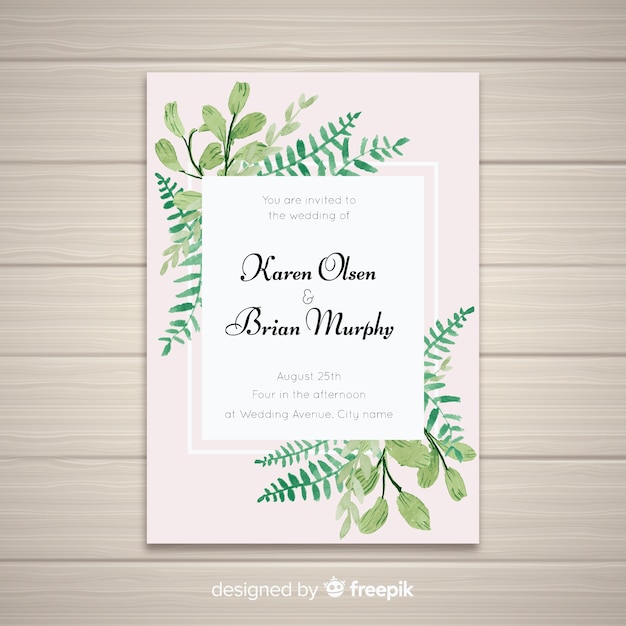 Plantilla adorable de tarjeta de boda con hojas en acuarela