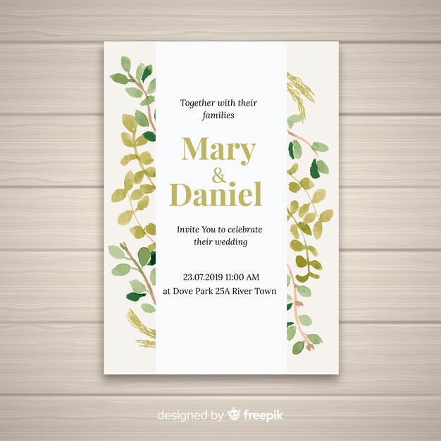 Plantilla adorable de tarjeta de boda con hojas en acuarela