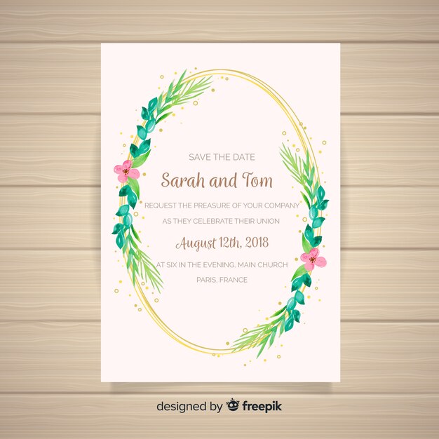Plantilla adorable de tarjeta de boda con hojas en acuarela