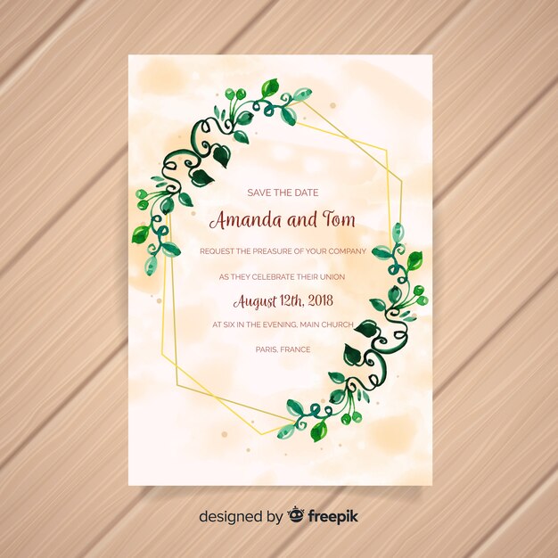 Plantilla adorable de tarjeta de boda con hojas en acuarela