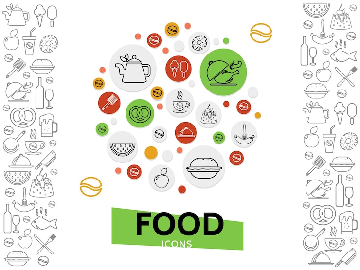 Vector gratuito plantilla de alimentos y bebidas con soda cerveza vino café bebidas comida rápida pescado productos dulces frutas hielo