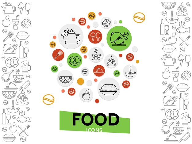 Plantilla de alimentos y bebidas con soda cerveza vino café bebidas comida rápida pescado productos dulces frutas hielo