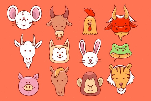 Plantilla de animales del zodiaco chino dibujado a mano